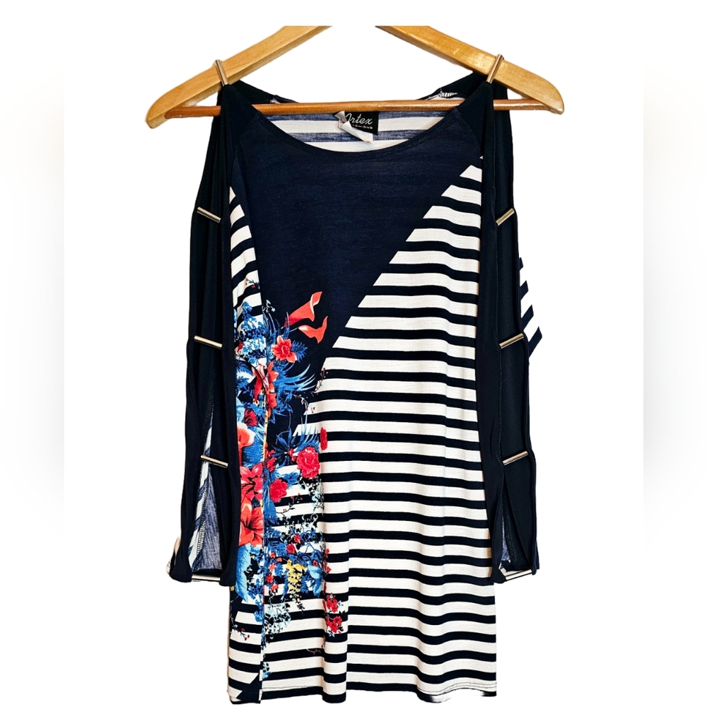 ARTEX 🇨🇦 Nautical Stripes Floral Tunic 3/4 Open Sleeve Women Small